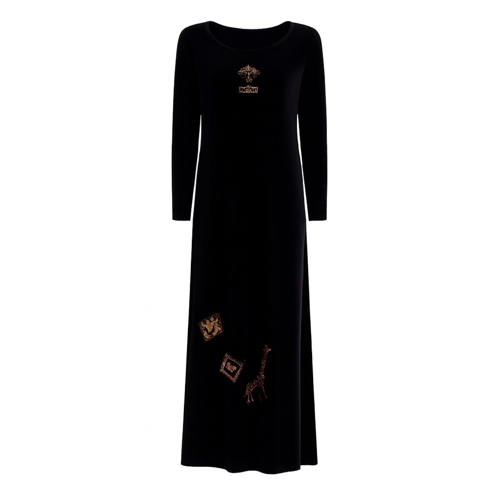 Vintage Black Velvet Medium Maxi Dress Animal Print Leopard Giraffe USA Made Y2K